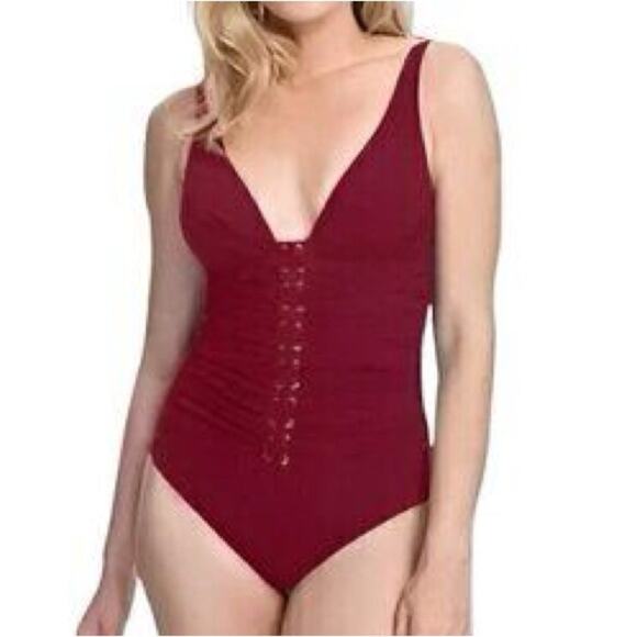 Profile by Gottex Moto Merlot D-Cup Lace Up Plunged One Piece Swimsuit Sz 14D - Picture 1 of 7
